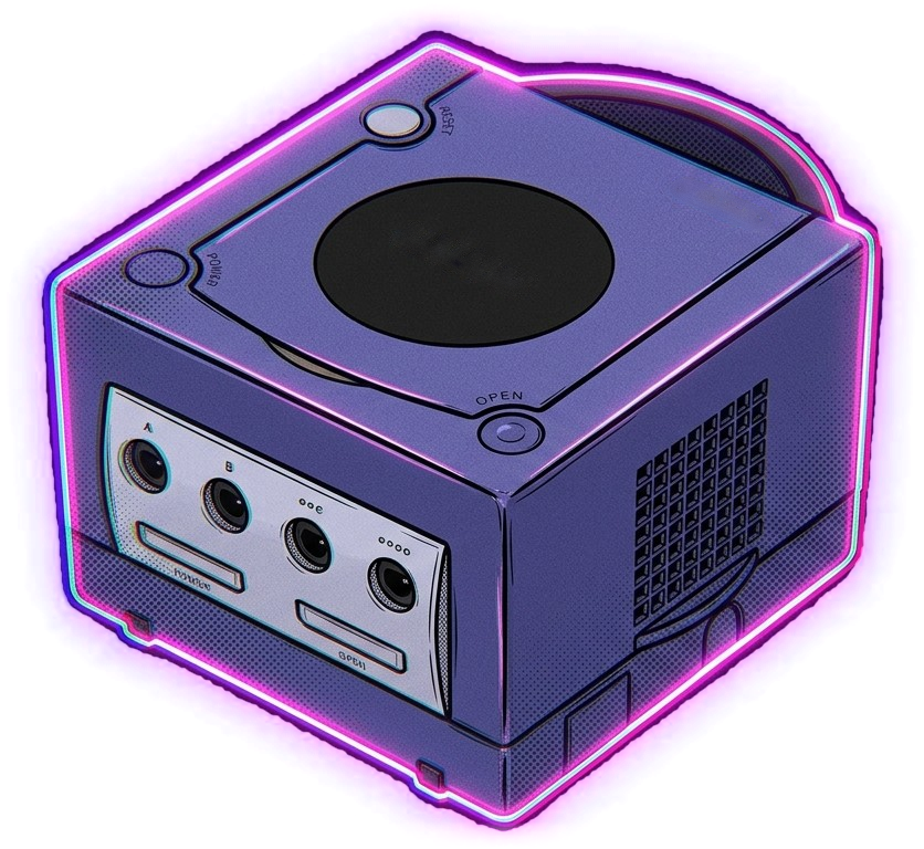 Comic-style illustration of a purple GameCube console with a neon outline