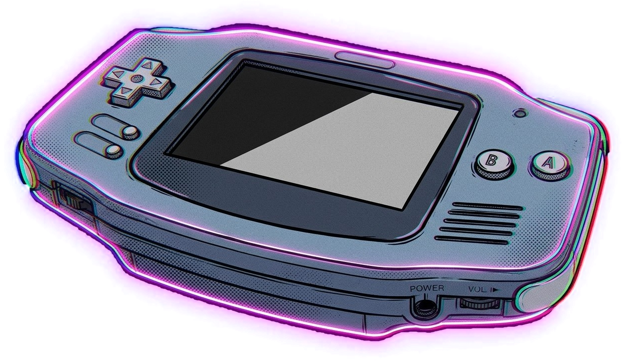 Comic-style illustration of a Game Boy Advance handheld with a neon outline