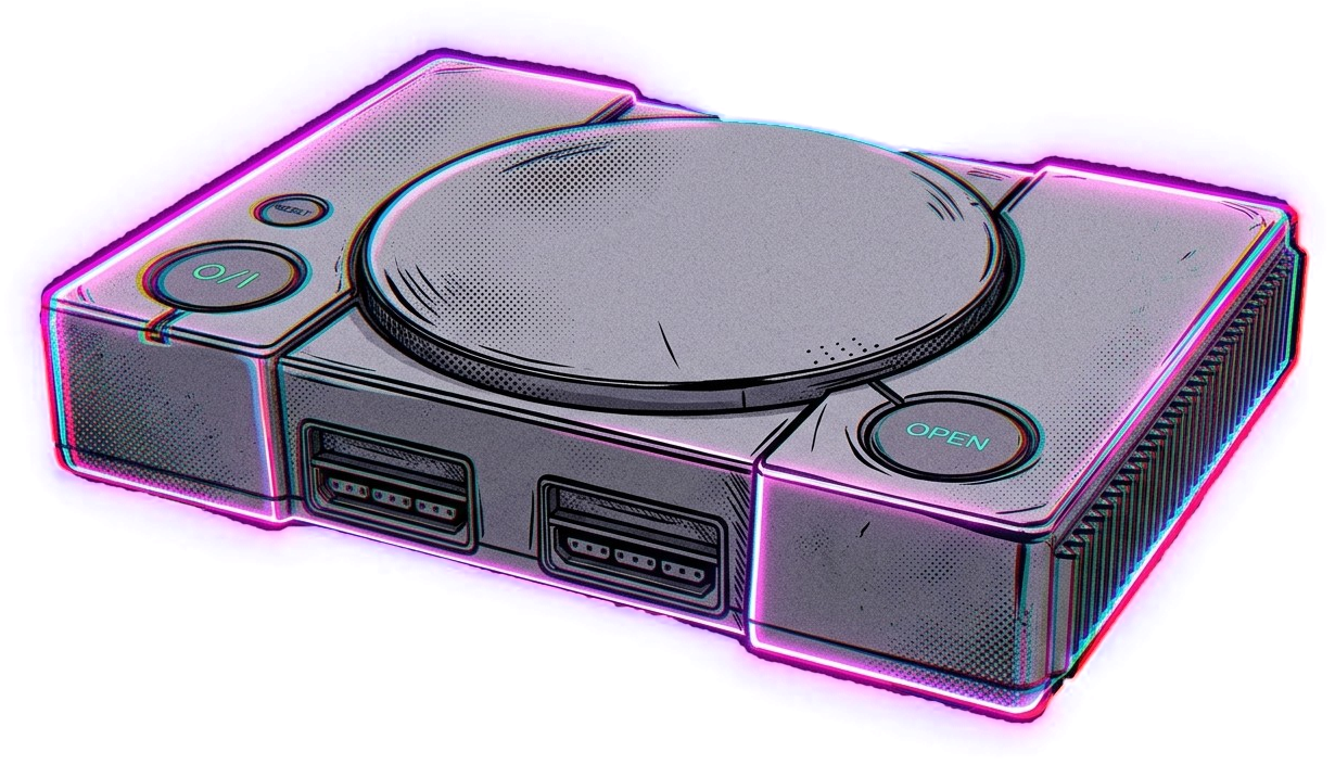 Comic-style illustration of the original grey PlayStation console with a neon outline
